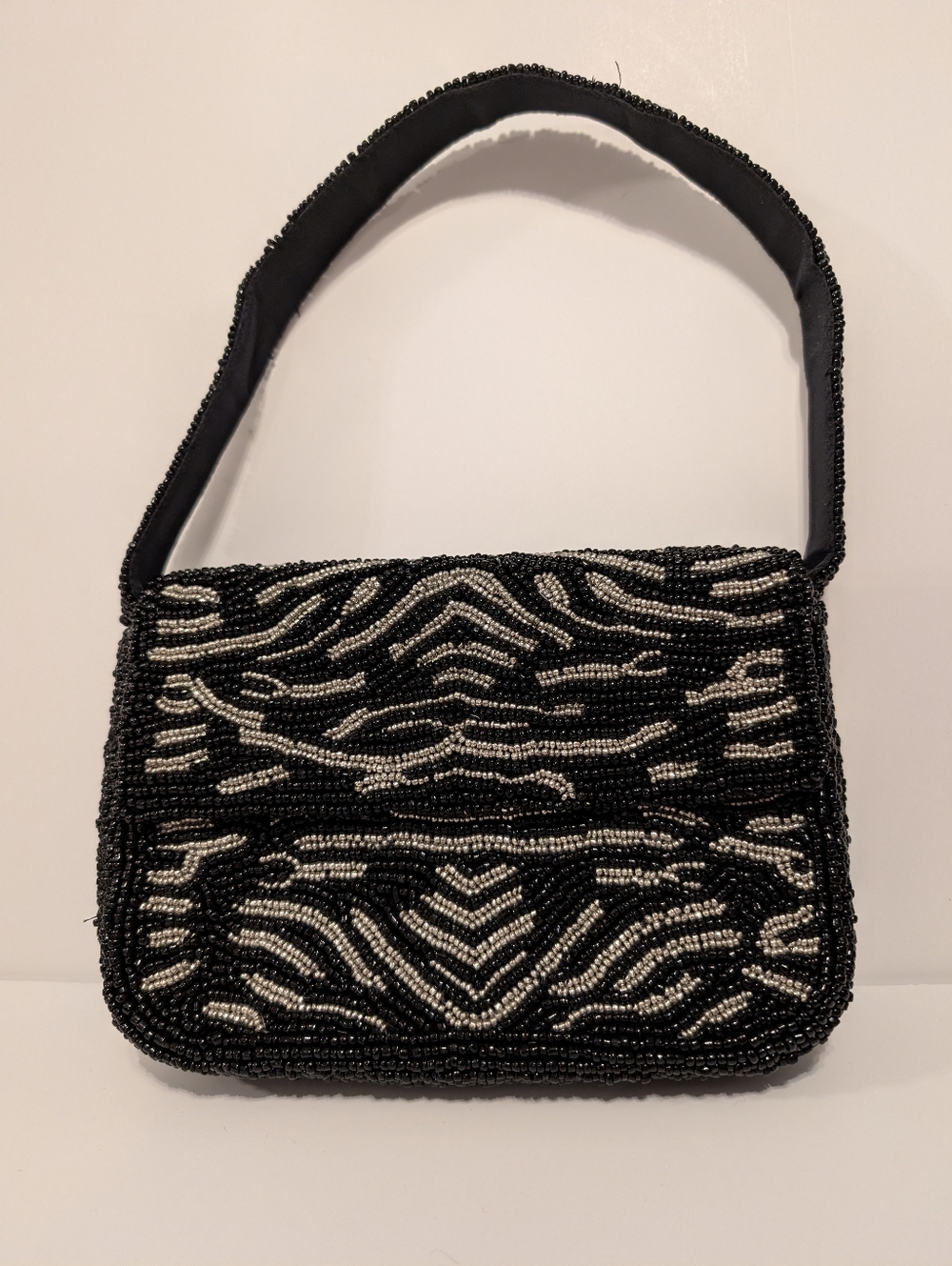 Small Vintage Black Beaded Purse with Silver Accent